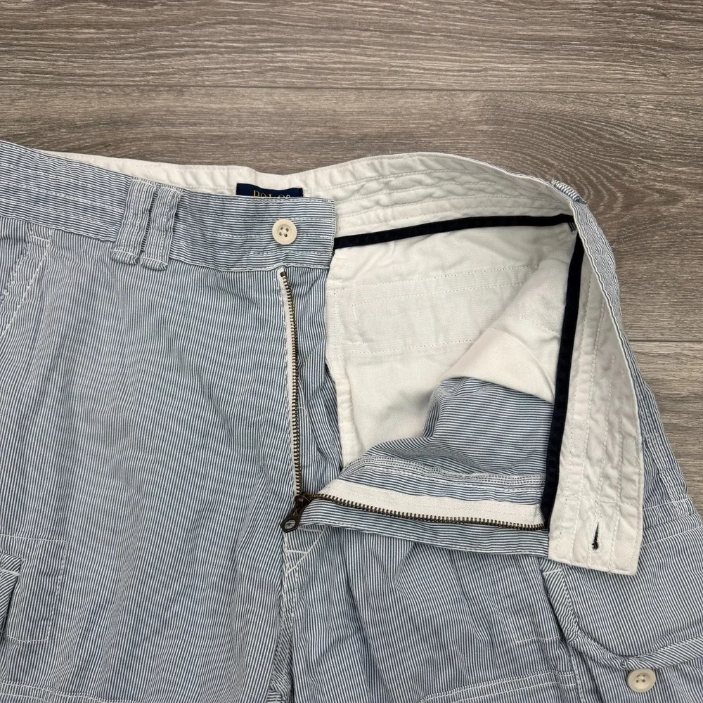 Polo Cargo Shorts Mens 35 White Blue Pinstripe Cotton Classic Y2K Baggy Loose